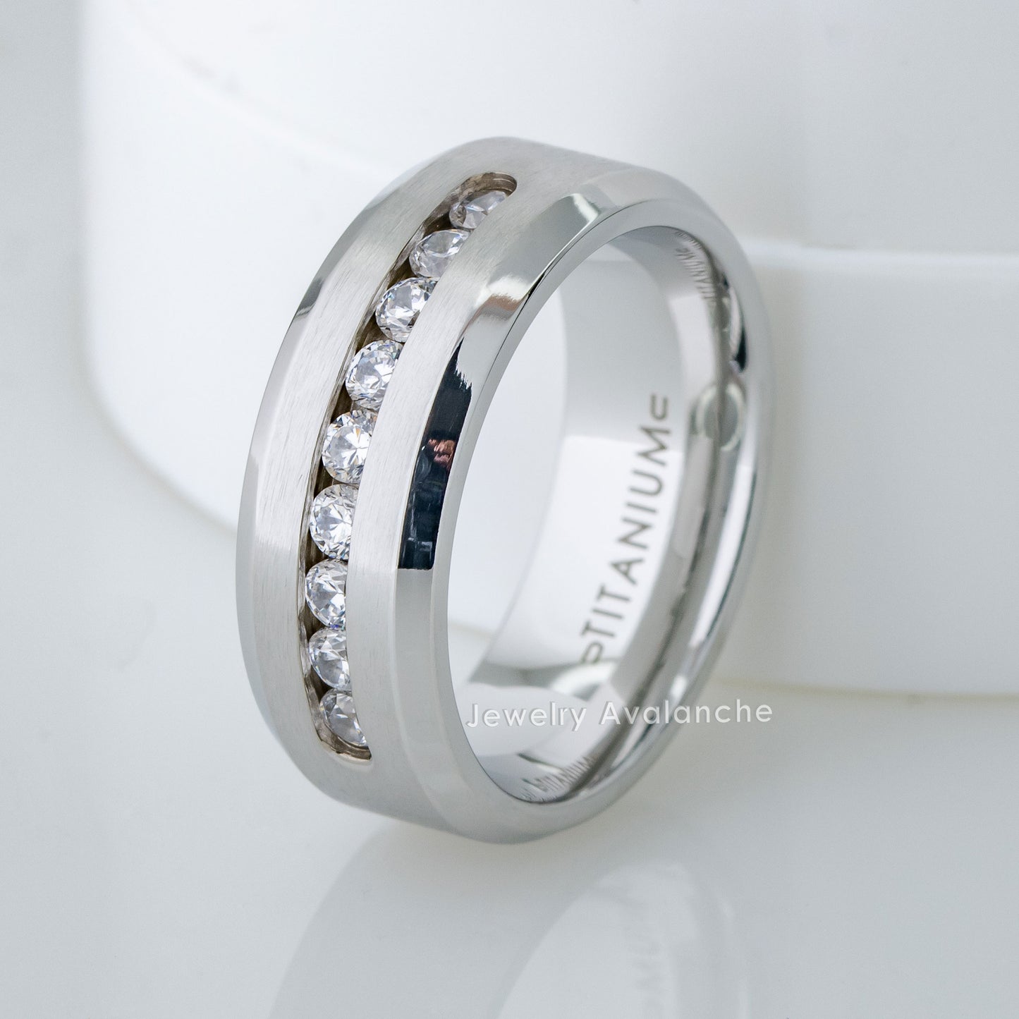 Jewelry Avalanche Mens White Titanium Wedding Band Channel Set 9-CZ Accent, Comfort-fit, 8mm