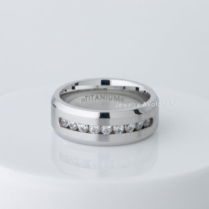 Jewelry Avalanche Mens White Titanium Wedding Band Channel Set 9-CZ Accent, Comfort-fit, 8mm