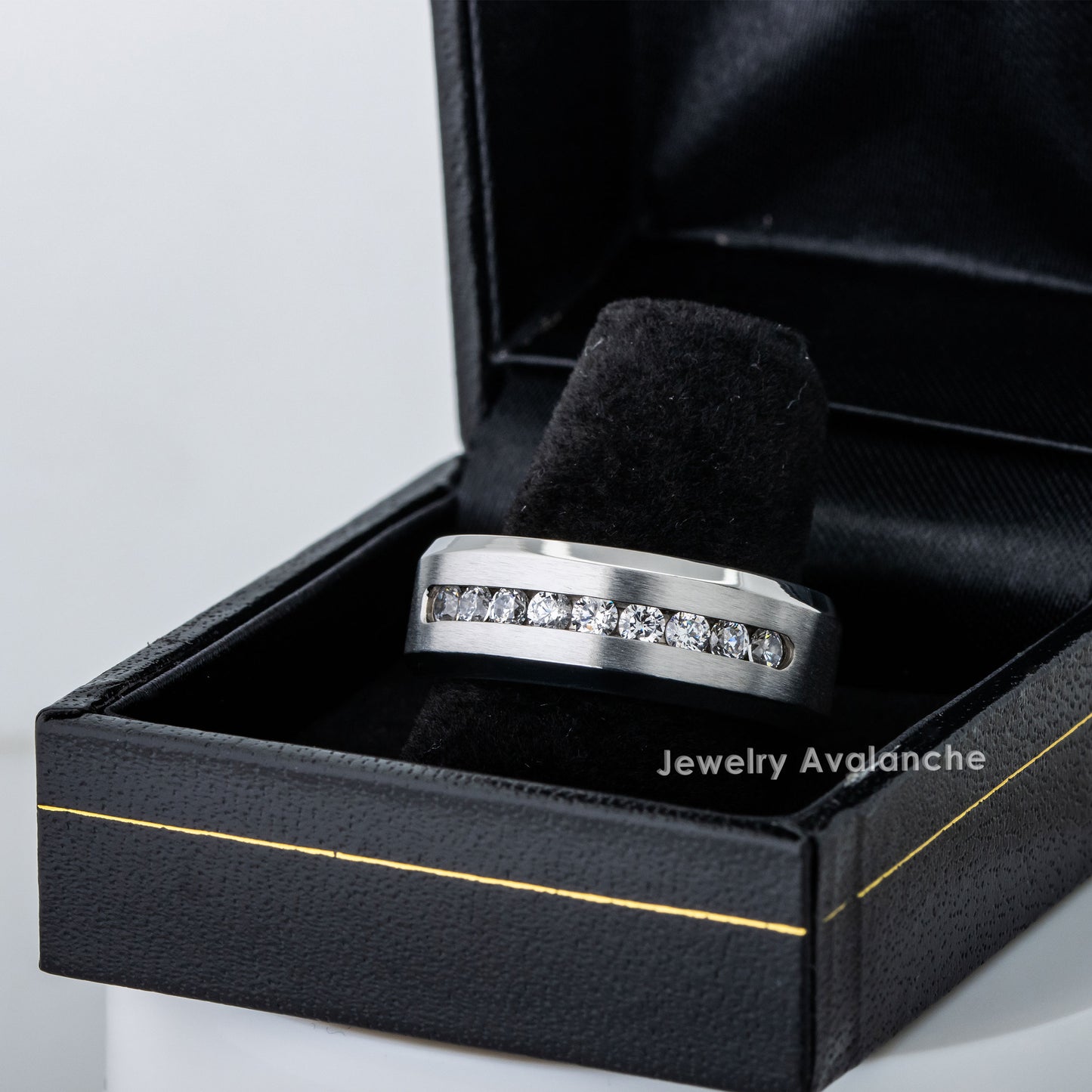 Jewelry Avalanche Mens White Titanium Wedding Band Channel Set 9-CZ Accent, Comfort-fit, 8mm
