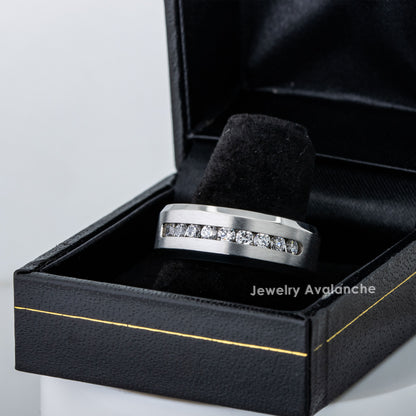 Jewelry Avalanche Mens White Titanium Wedding Band Channel Set 9-CZ Accent, Comfort-fit, 8mm