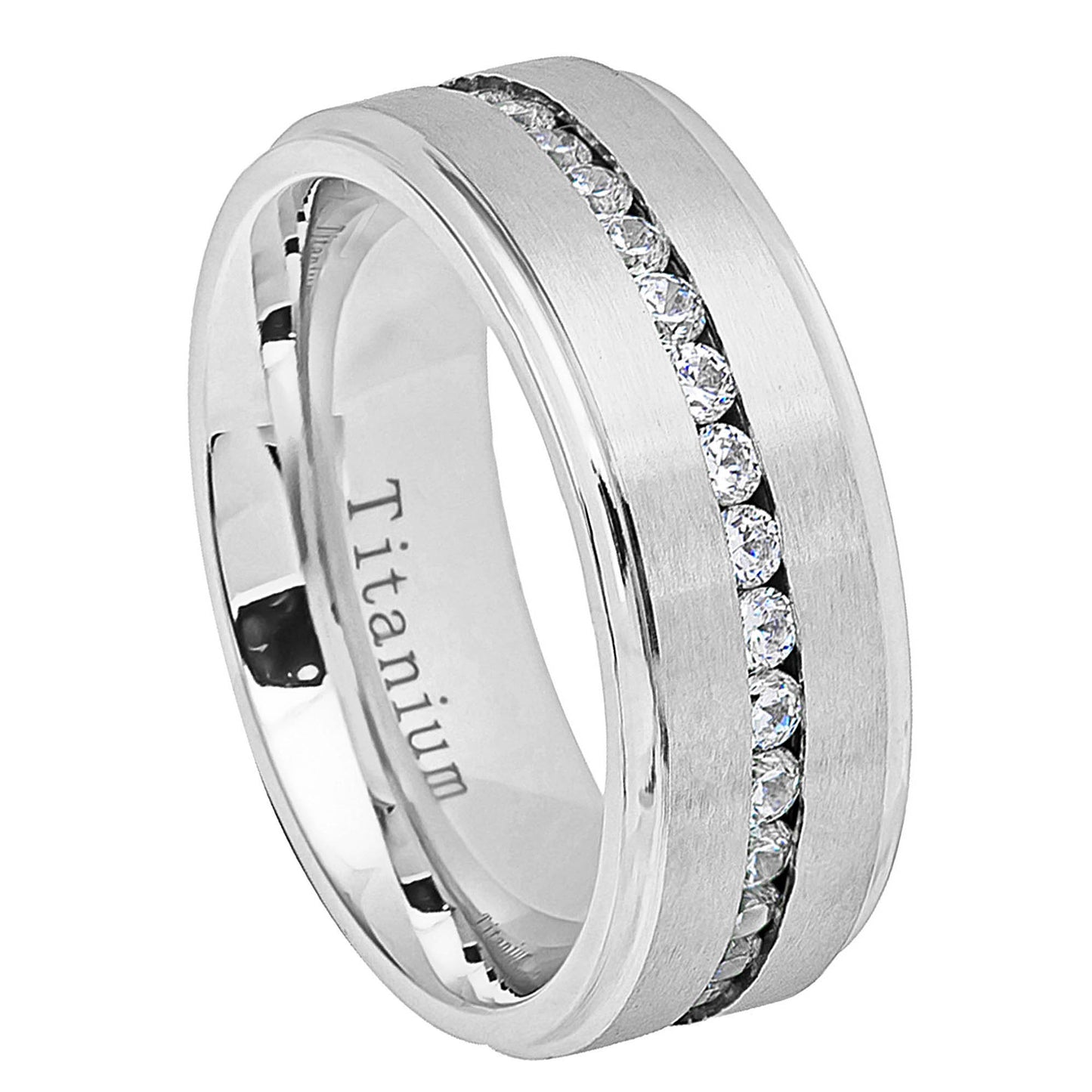Jewelry Avalanche Mens White Titanium CZ Eternity Wedding Band, Comfort-fit, 8mm