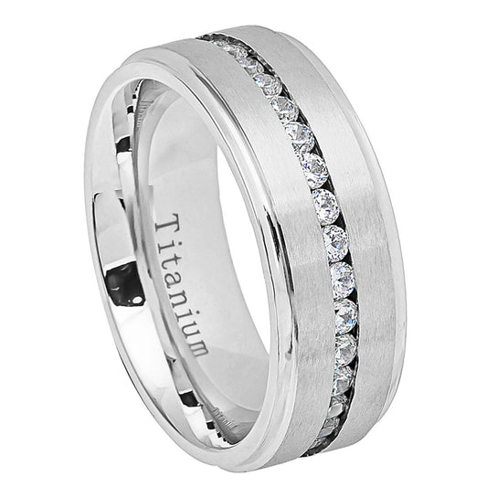 Jewelry Avalanche Mens White Titanium CZ Eternity Wedding Band, Comfort-fit, 8mm