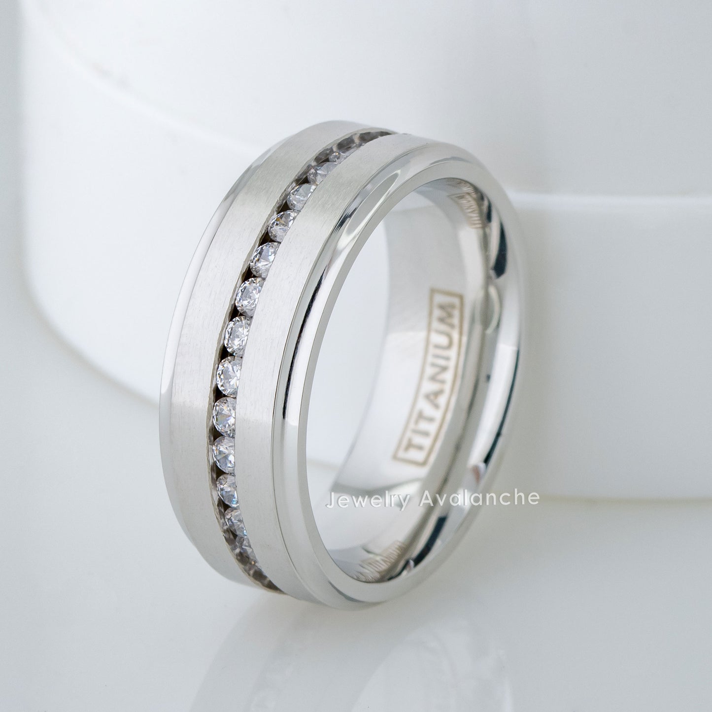 Jewelry Avalanche Mens White Titanium CZ Eternity Wedding Band, Comfort-fit, 8mm