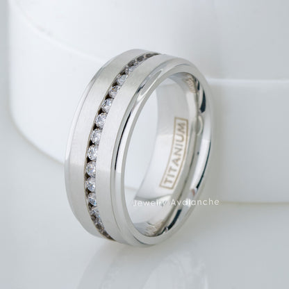Jewelry Avalanche Mens White Titanium CZ Eternity Wedding Band, Comfort-fit, 8mm