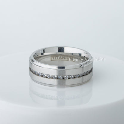 Jewelry Avalanche Mens White Titanium CZ Eternity Wedding Band, Comfort-fit, 8mm