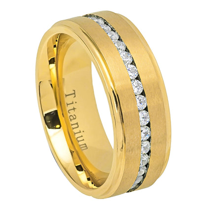 Jewelry Avalanche Mens Gold Titanium CZ Eternity Wedding Band, Comfort-fit, 8mm