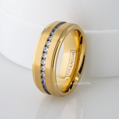 Jewelry Avalanche Mens Gold Titanium CZ Eternity Wedding Band, Comfort-fit, 8mm