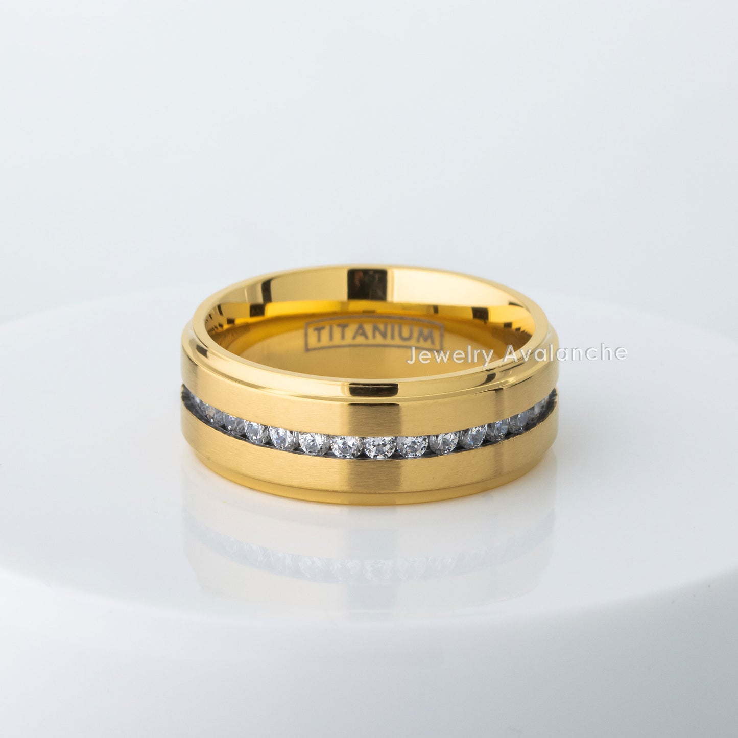 Jewelry Avalanche Mens Gold Titanium CZ Eternity Wedding Band, Comfort-fit, 8mm