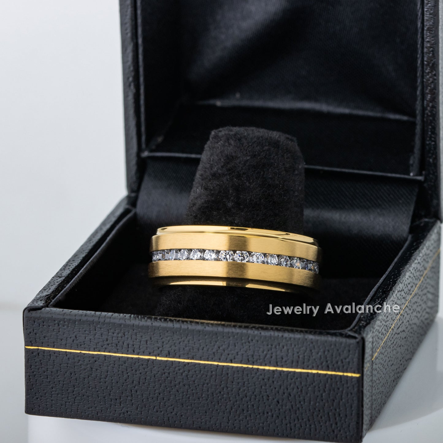 Jewelry Avalanche Mens Gold Titanium CZ Eternity Wedding Band, Comfort-fit, 8mm