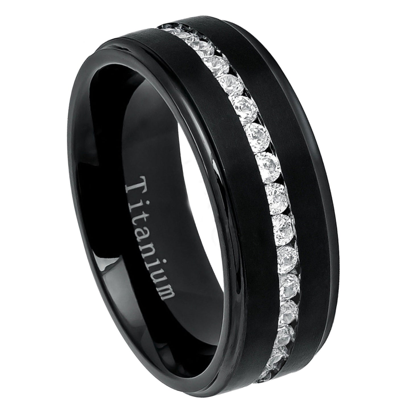 Jewelry Avalanche Mens Black Titanium CZ Eternity Wedding Band, Comfort-fit, 8mm