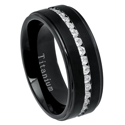 Jewelry Avalanche Mens Black Titanium CZ Eternity Wedding Band, Comfort-fit, 8mm