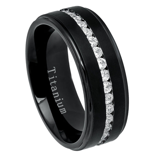 Jewelry Avalanche Mens Black Titanium CZ Eternity Wedding Band, Comfort-fit, 8mm