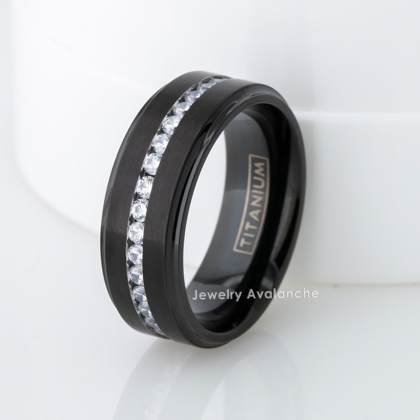 Jewelry Avalanche Mens Black Titanium CZ Eternity Wedding Band, Comfort-fit, 8mm