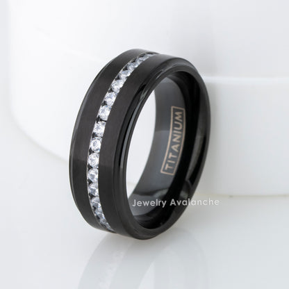 Jewelry Avalanche Mens Black Titanium CZ Eternity Wedding Band, Comfort-fit, 8mm