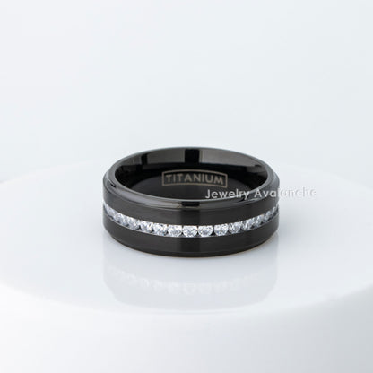 Jewelry Avalanche Mens Black Titanium CZ Eternity Wedding Band, Comfort-fit, 8mm