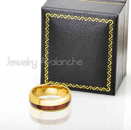Jewelry Avalanche Gold IP Koa Wood Inlay Dome Tungsten Carbide Wedding Band, Comfort-fit, 8mm