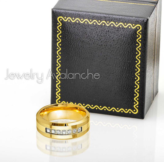 Jewelry Avalanche Polished Gold IP White Round CZ Tungsten Carbide Wedding Band, Comfort-fit, 8mm