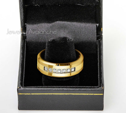 Jewelry Avalanche Polished Gold IP White Round CZ Tungsten Carbide Wedding Band, Comfort-fit, 8mm