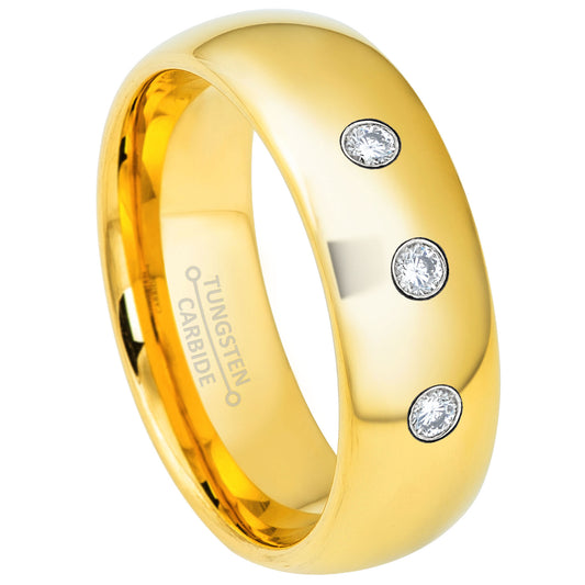 Jewelry Avalanche 7mm Dome Gold Tungsten 3-stone Diamond Wedding Band - Comfort Fit