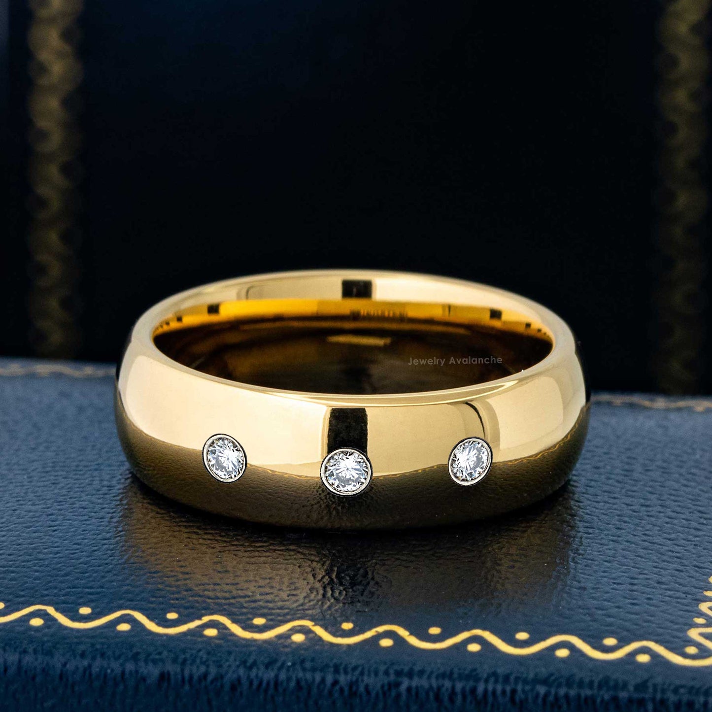 Jewelry Avalanche 7mm Dome Gold Tungsten 3-stone Diamond Wedding Band - Comfort Fit