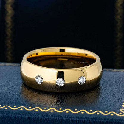 Jewelry Avalanche 7mm Dome Gold Tungsten 3-stone Diamond Wedding Band - Comfort Fit