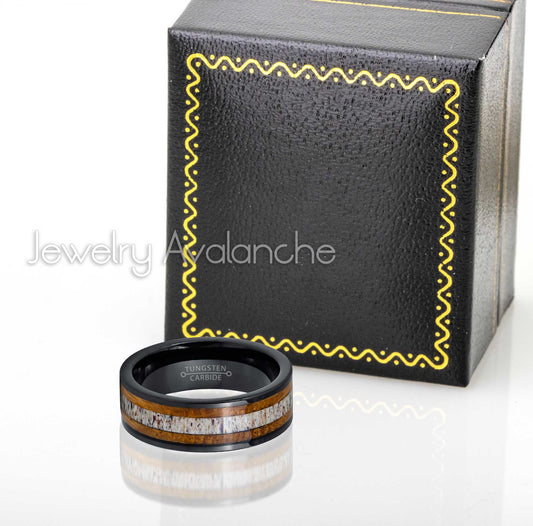 Jewelry Avalanche Whiskey Barrel & Deer Antler Inlay Mens Tungsten Carbide Wedding Band, Comfort-fit, Pipe Cut