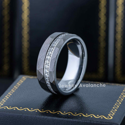 Jewelry Avalanche Hammered Finish Eternity CZ Pipe Cut Tungsten Carbide Wedding Band, Comfort-fit, 8mm
