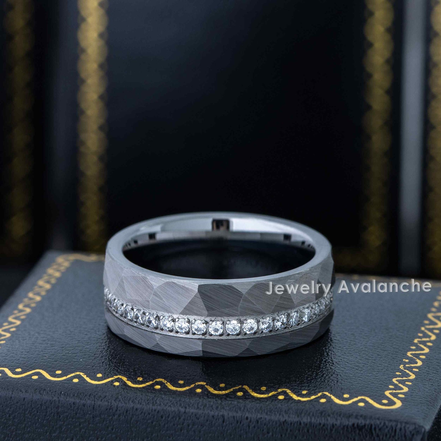 Jewelry Avalanche Hammered Finish Eternity CZ Pipe Cut Tungsten Carbide Wedding Band, Comfort-fit, 8mm