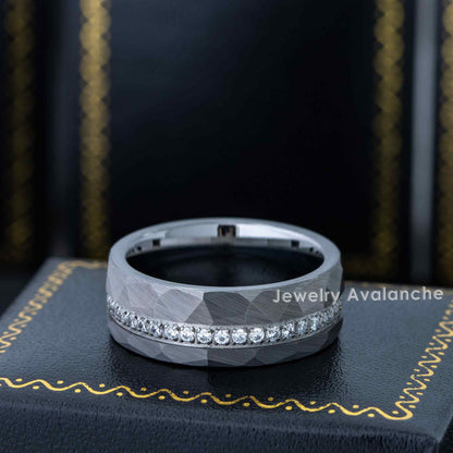 Jewelry Avalanche Hammered Finish Eternity CZ Pipe Cut Tungsten Carbide Wedding Band, Comfort-fit, 8mm