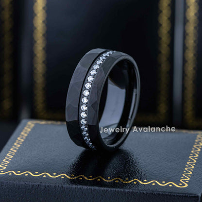 Jewelry Avalanche Black IP Hammered Finish Eternity CZ Pipe Cut Tungsten Carbide Wedding Band, Comfort-fit, 8mm