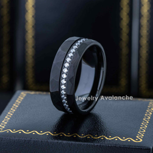 Jewelry Avalanche Black IP Hammered Finish Eternity CZ Pipe Cut Tungsten Carbide Wedding Band, Comfort-fit, 8mm