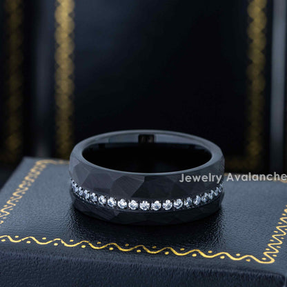 Jewelry Avalanche Black IP Hammered Finish Eternity CZ Pipe Cut Tungsten Carbide Wedding Band, Comfort-fit, 8mm