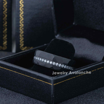 Jewelry Avalanche Black IP Hammered Finish Eternity CZ Pipe Cut Tungsten Carbide Wedding Band, Comfort-fit, 8mm