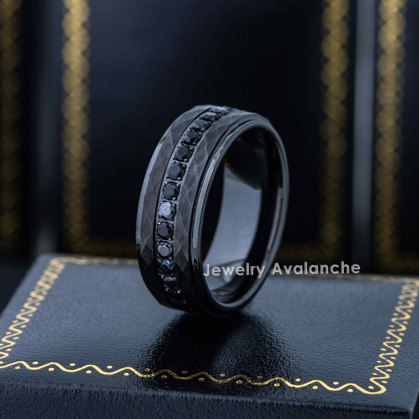 Jewelry Avalanche Black IP Hammered Finish Eternity CZ Stepped Tungsten Carbide Wedding Band, Comfort-fit, 8mm
