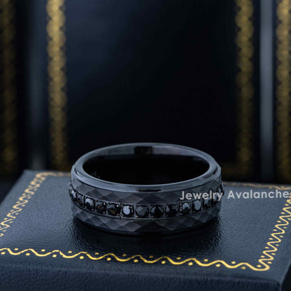 Jewelry Avalanche Black IP Hammered Finish Eternity CZ Stepped Tungsten Carbide Wedding Band, Comfort-fit, 8mm