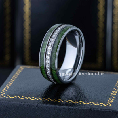 Jewelry Avalanche Eternity CZ with Jade Wood Inlay Dome Tungsten Carbide Wedding Band, Comfort-fit, 8mm