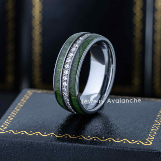 Jewelry Avalanche Eternity CZ with Jade Wood Inlay Dome Tungsten Carbide Wedding Band, Comfort-fit, 8mm
