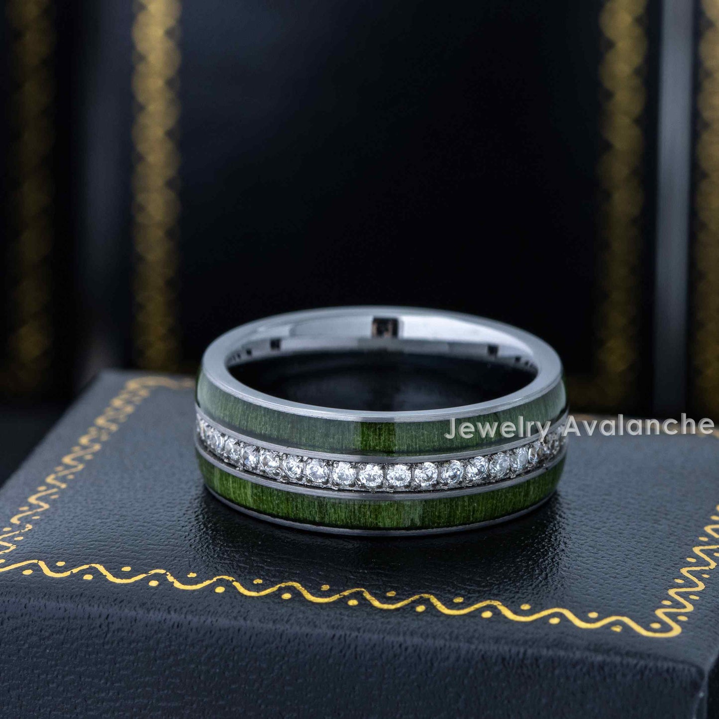 Jewelry Avalanche Eternity CZ with Jade Wood Inlay Dome Tungsten Carbide Wedding Band, Comfort-fit, 8mm