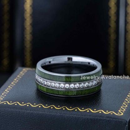 Jewelry Avalanche Eternity CZ with Jade Wood Inlay Dome Tungsten Carbide Wedding Band, Comfort-fit, 8mm