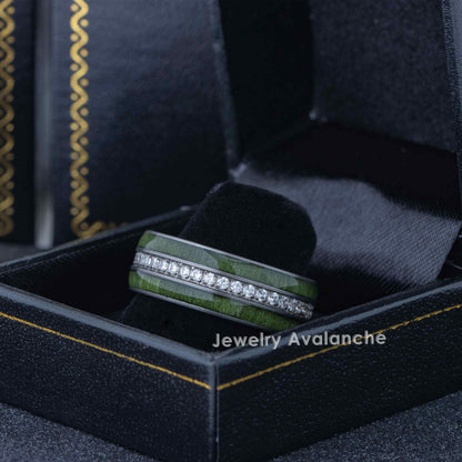 Jewelry Avalanche Eternity CZ with Jade Wood Inlay Dome Tungsten Carbide Wedding Band, Comfort-fit, 8mm