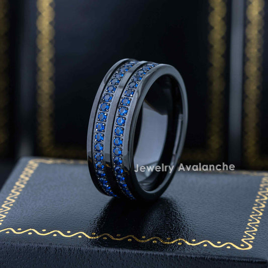 Jewelry Avalanche Black IP Double Row Eternity Blue CZ Pipe Cut Tungsten Carbide Wedding Band, Comfort-fit, 8mm