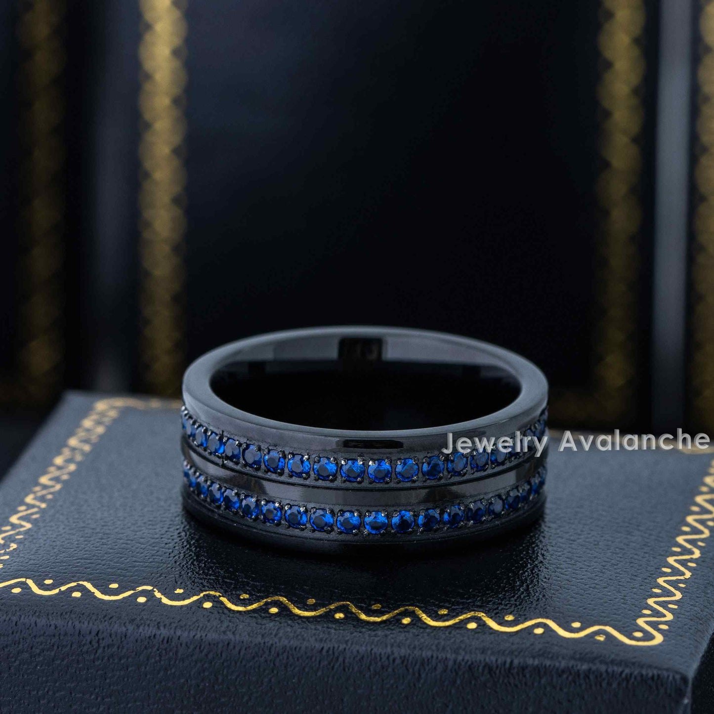 Jewelry Avalanche Black IP Double Row Eternity Blue CZ Pipe Cut Tungsten Carbide Wedding Band, Comfort-fit, 8mm