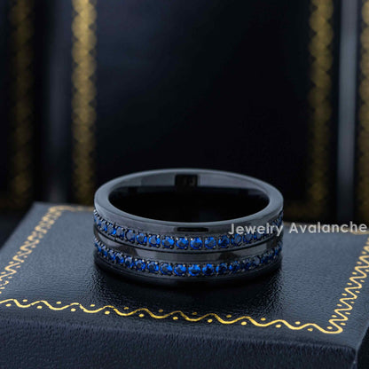 Jewelry Avalanche Black IP Double Row Eternity Blue CZ Pipe Cut Tungsten Carbide Wedding Band, Comfort-fit, 8mm