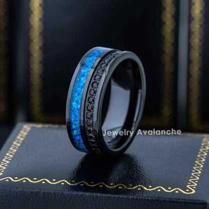 Jewelry Avalanche Black IP Eternity CZ with Opal Inlay Pipe Cut Tungsten Carbide Wedding Band, Comfort-fit, 8mm