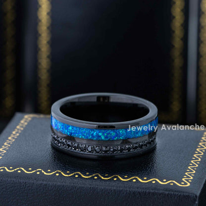 Jewelry Avalanche Black IP Eternity CZ with Opal Inlay Pipe Cut Tungsten Carbide Wedding Band, Comfort-fit, 8mm