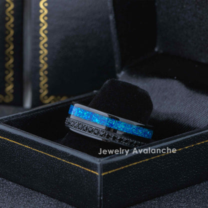 Jewelry Avalanche Black IP Eternity CZ with Opal Inlay Pipe Cut Tungsten Carbide Wedding Band, Comfort-fit, 8mm