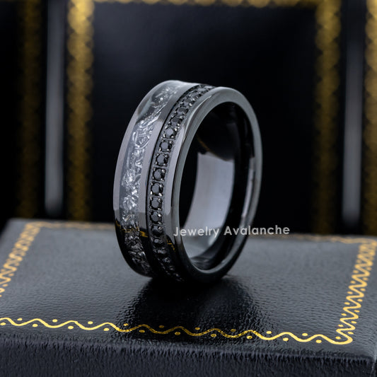 Jewelry Avalanche Black IP Eternity CZ with Titanium Shavings Inlay Pipe Cut Tungsten Carbide Wedding Band, Comfort-fit, 8mm