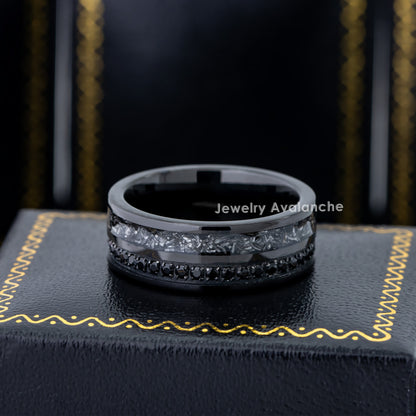 Jewelry Avalanche Black IP Eternity CZ with Titanium Shavings Inlay Pipe Cut Tungsten Carbide Wedding Band, Comfort-fit, 8mm