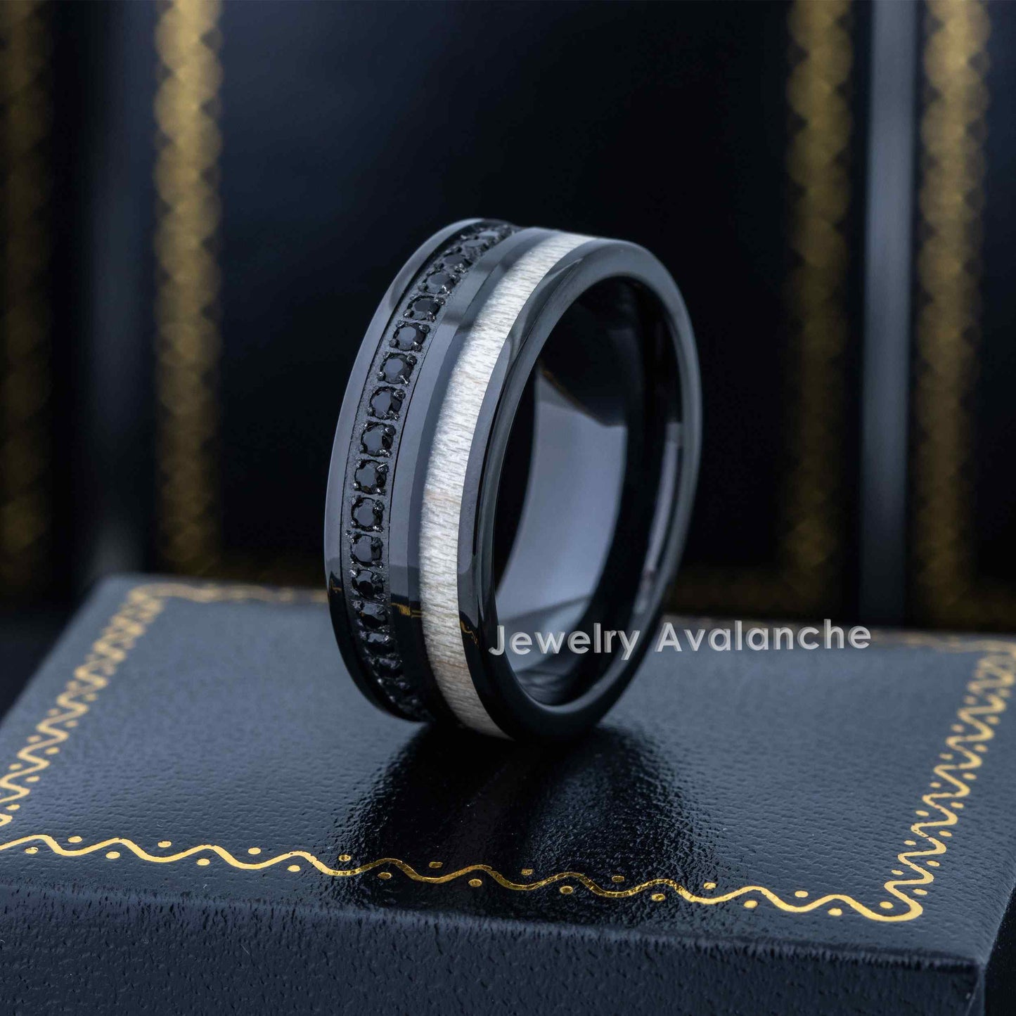 Jewelry Avalanche Black IP Eternity CZ with White Wood Inlay Pipe Cut Tungsten Carbide Wedding Band, Comfort-fit, 8mm