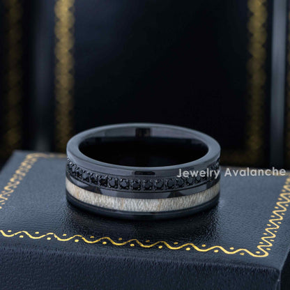 Jewelry Avalanche Black IP Eternity CZ with White Wood Inlay Pipe Cut Tungsten Carbide Wedding Band, Comfort-fit, 8mm